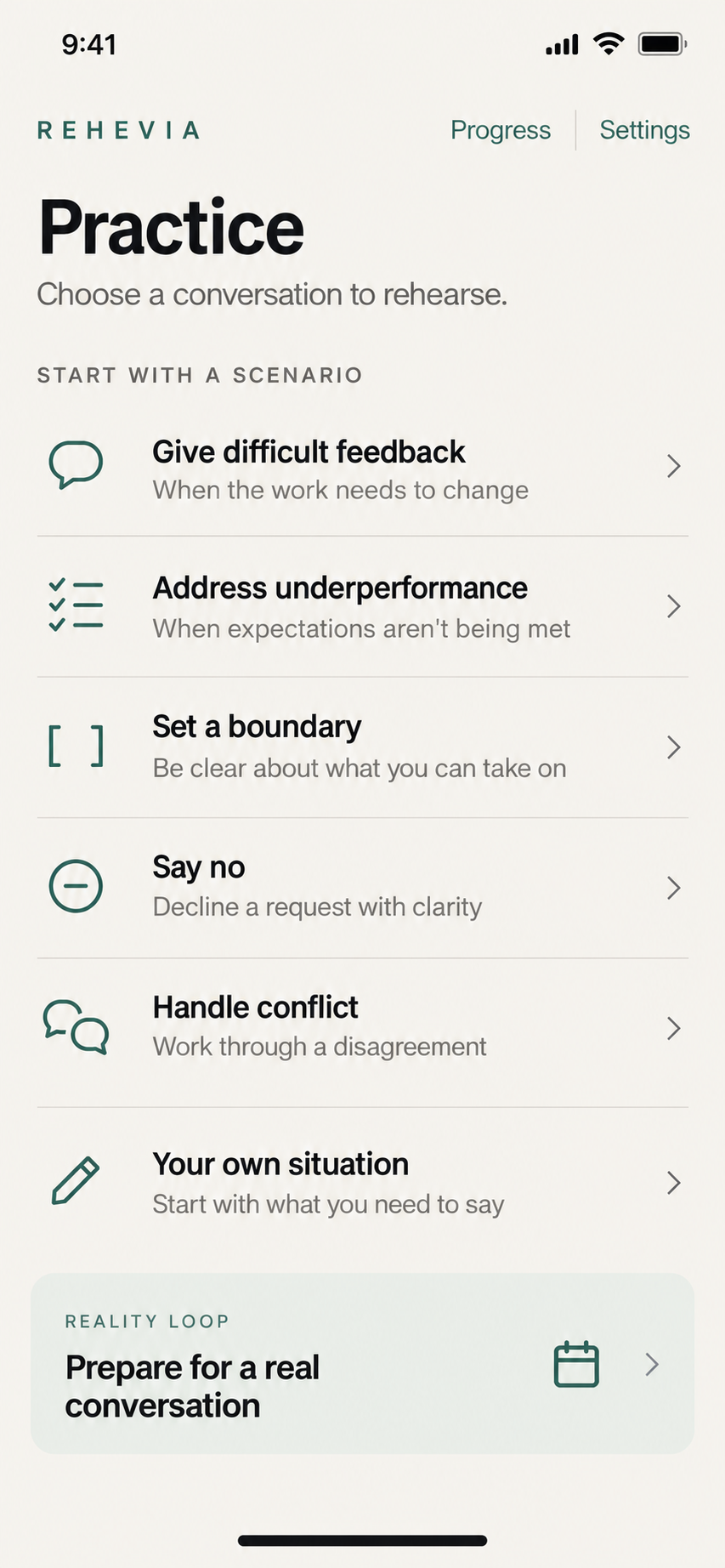 Rehevia Practice screen with five conversation scenarios to choose from.