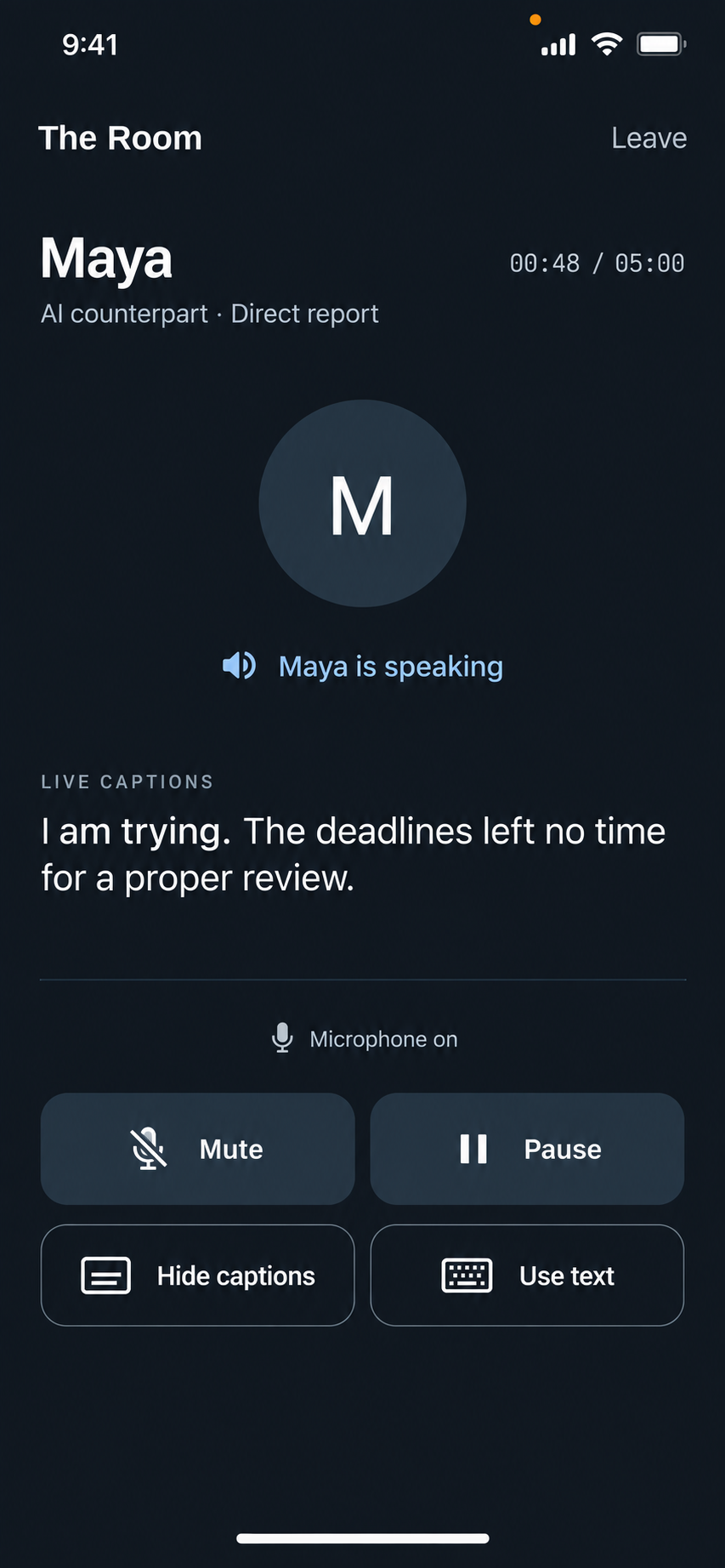 Rehevia’s dark conversation screen: Maya, an AI counterpart, is speaking, with live captions and microphone controls.